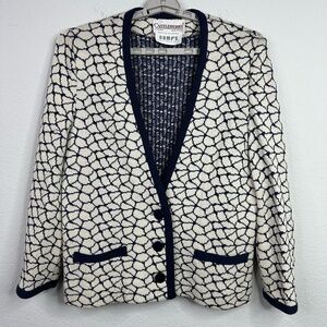 Castleberry Cardigan Women L White Blue Wool Geometric Knit VTG Preppy Old Money